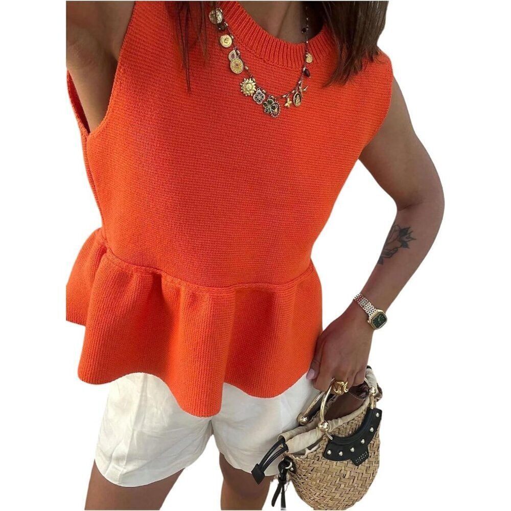 Women's Knit Sweater Vest Sleeveless Ruffle Hem Crew Neck Small